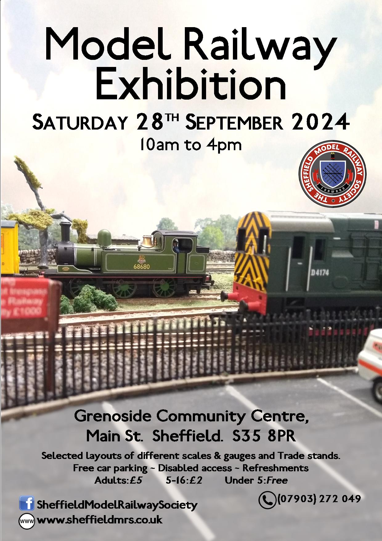 Poster advert. Model Rail Exhibition 7th October 2023 in Sheffield. Phone Kevin on 07903 272 049 for more information.